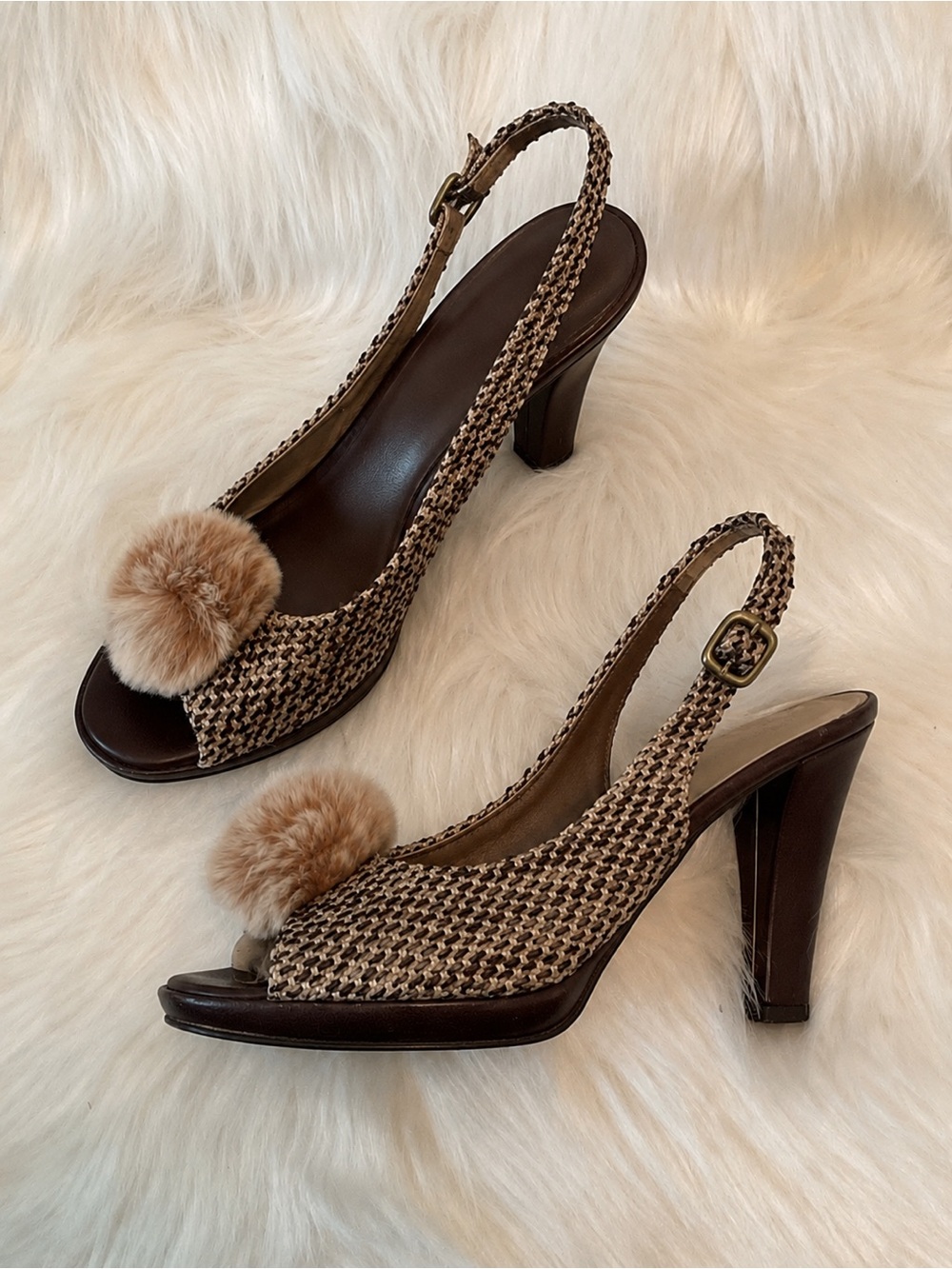 Via Condotti - Brown Tan Tweed Slingback Heels with Fur Pom -7